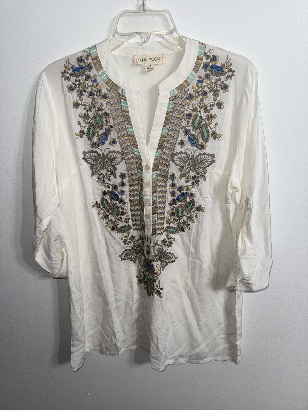 Luna Moon White Boho Embroidered‎ Beachy Coastal Tunic SZ M
